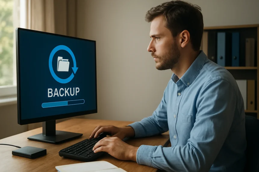 Férfi biztonsági mentést végez a számítógépén