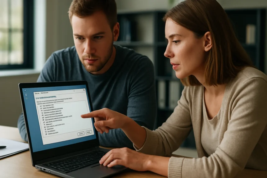 Két ember laptopon igény szerinti Windows funkciókat néz.