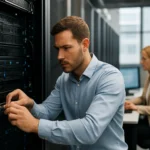 Férfi szerverekkel dolgozik adatközpontban, női kollégája háttérben ül