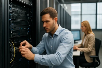Férfi szerverekkel dolgozik adatközpontban, női kollégája háttérben ül