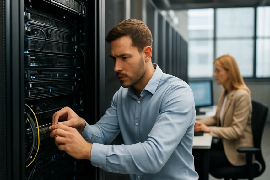 Férfi szerverekkel dolgozik adatközpontban, női kollégája háttérben ül