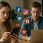 Két fiatal felnőtt a közösségi médiában aktívan tartalmat oszt meg.