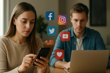Két fiatal felnőtt a közösségi médiában aktívan tartalmat oszt meg.