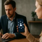 A nő okostelefonján decentralizált identitás bemutatása, férfi a háttérben laptopon dolgozik.