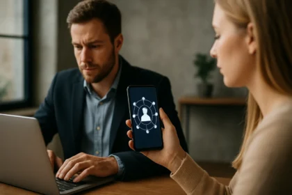 A nő okostelefonján decentralizált identitás bemutatása, férfi a háttérben laptopon dolgozik.