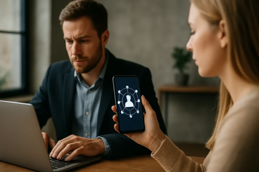 A nő okostelefonján decentralizált identitás bemutatása, férfi a háttérben laptopon dolgozik.