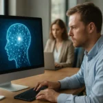 Férfi nézi az autonóm mesterséges intelligenciát bemutató képernyőt.