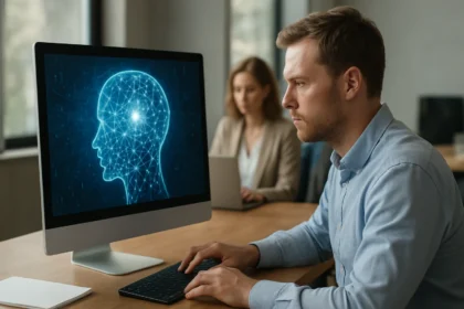 Férfi nézi az autonóm mesterséges intelligenciát bemutató képernyőt.