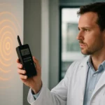 Mérési eszközt használó szakember, elektromágneses sugárzás elemzéséhez