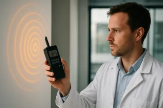 Mérési eszközt használó szakember, elektromágneses sugárzás elemzéséhez