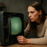 Nő vizsgálja a katódsugárcsöves (CRT) televízió belsejét