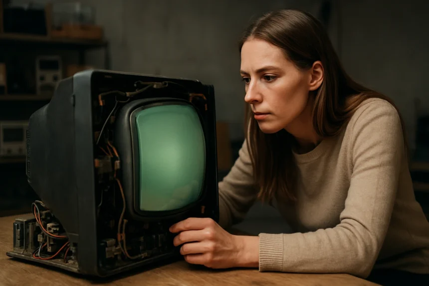Nő vizsgálja a katódsugárcsöves (CRT) televízió belsejét