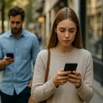 Fiatal nő és férfi, akik telefonon nyomkodják az okostelefonjukat az utcán.