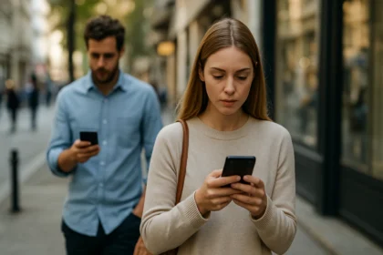 Fiatal nő és férfi, akik telefonon nyomkodják az okostelefonjukat az utcán.