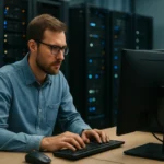 Férfi programozó számítógép előtt, háttérben adatközponttal.