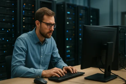 Férfi programozó számítógép előtt, háttérben adatközponttal.