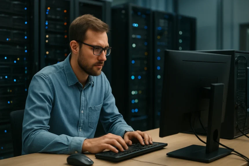 Férfi programozó számítógép előtt, háttérben adatközponttal.
