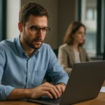 Férfi dolgozik laptopján az adatfeldolgozás folyamatában