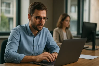 Férfi dolgozik laptopján az adatfeldolgozás folyamatában