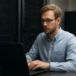Férfi számítógép előtt, szerver háttérrel, munkához koncentrálva.