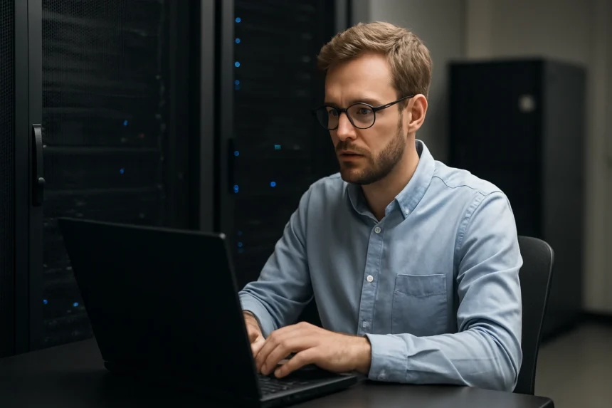 Férfi számítógép előtt, szerver háttérrel, munkához koncentrálva.