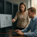 Két szakember szervervirtualizációt bemutató diagram előtt dolgozik.