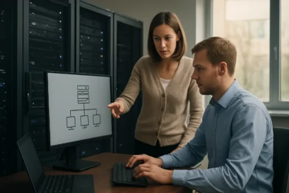 Két szakember szervervirtualizációt bemutató diagram előtt dolgozik.