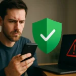 Férfi okostelefont használ, a Google Play Protect ikon látható.