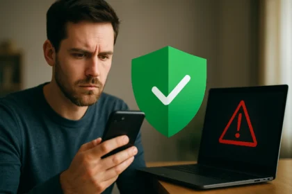 Férfi okostelefont használ, a Google Play Protect ikon látható.