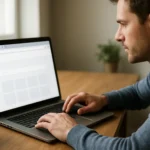 Férfi böngészőt használ laptopon webes navigációhoz.