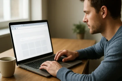 Férfi böngészőt használ laptopon webes navigációhoz.