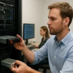 Munkatárs egy szerverben cserélhető alkatrészt telepít