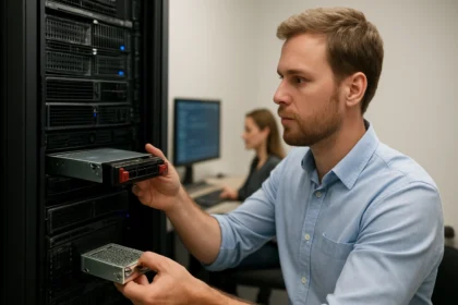 Munkatárs egy szerverben cserélhető alkatrészt telepít