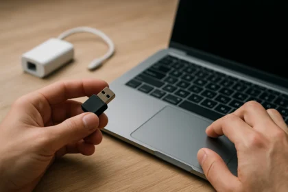 USB dongle in hand next to a laptop on a wooden surface.