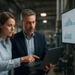 Munkatársak együtt dolgoznak ipari adatcserén és OPC rendszeren.