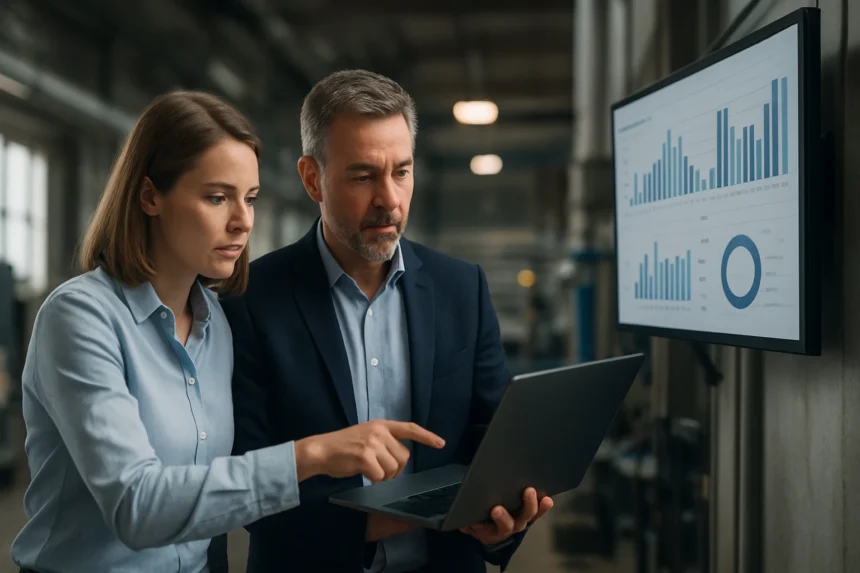 Munkatársak együtt dolgoznak ipari adatcserén és OPC rendszeren.