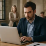 Férfi dolgozik laptopján egy modern irodai környezetben, háttérben női kolléga.