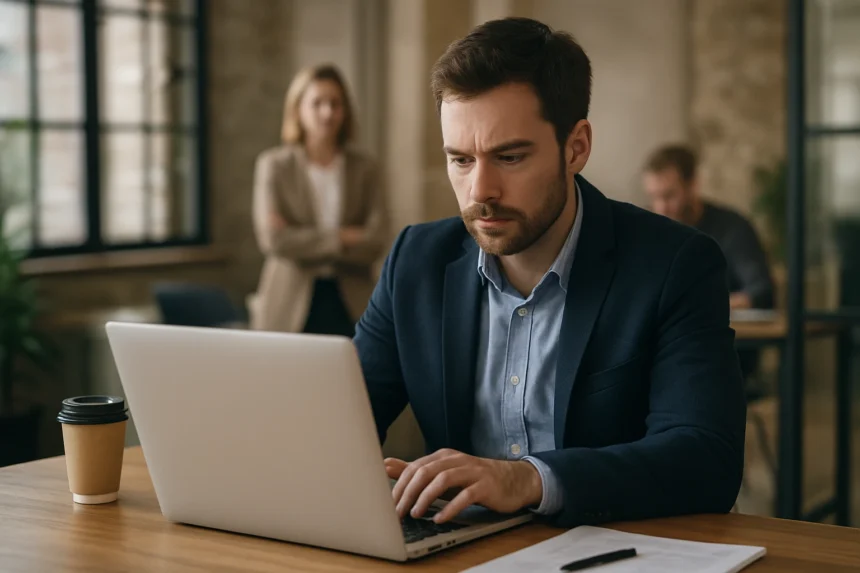Férfi dolgozik laptopján egy modern irodai környezetben, háttérben női kolléga.
