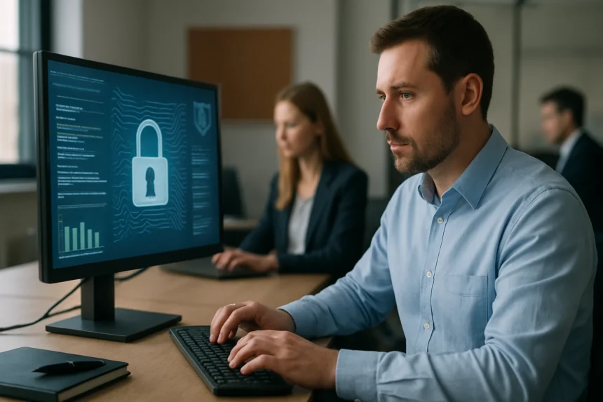 IT szakemberek dolgoznak a számítógépen információvédelem területén.