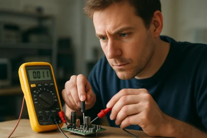 Mérőműszerrel tranzisztorok transzkonduktanciáját vizsgáló szakember.