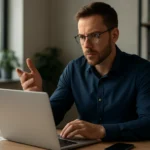 Férfi a számítógép előtt, aki a kötelező hozzáférés-szabályozásról beszél.