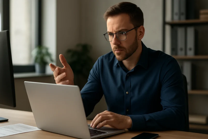 Férfi a számítógép előtt, aki a kötelező hozzáférés-szabályozásról beszél.
