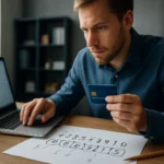 Férfi hitelkártya ellenőrzés közben a Luhn algoritmus alkalmazásával