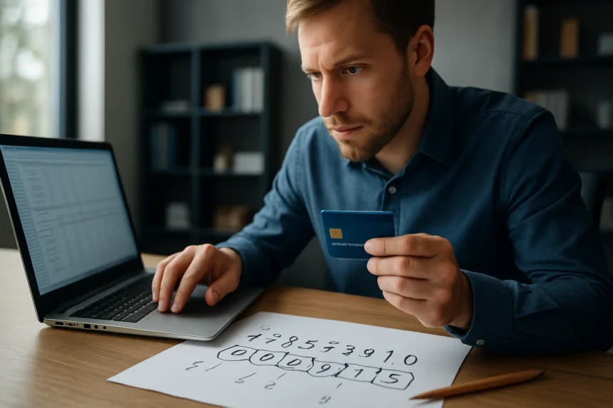 Férfi hitelkártya ellenőrzés közben a Luhn algoritmus alkalmazásával