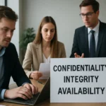 Üzleti megbeszélés a CIA triád téma köré csoportosítva.