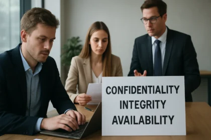 Üzleti megbeszélés a CIA triád téma köré csoportosítva.