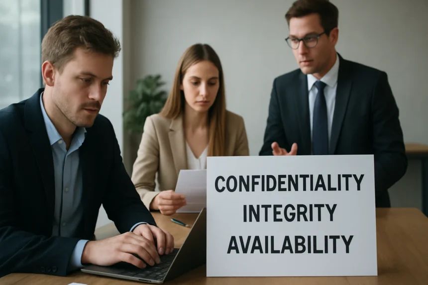 Üzleti megbeszélés a CIA triád téma köré csoportosítva.