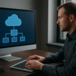 Férfi dolgozik a Microsoft Azure felhőkapcsolat rendszeren