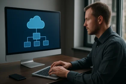 Férfi dolgozik a Microsoft Azure felhőkapcsolat rendszeren