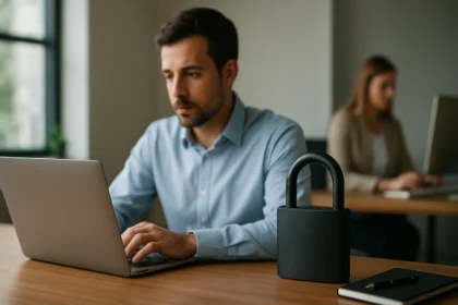 Férfi, aki laptopon dolgozik, biztonsági lakattal az asztalon.